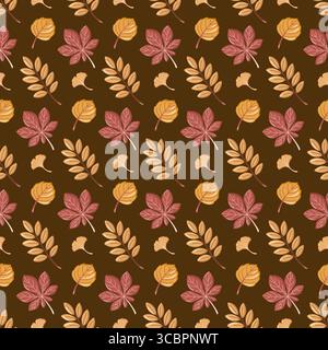 Motivo autunnale senza cuciture con foglie di castagno, rowan e ginkgo. Fogliame vettoriale su sfondo scuro. Illustrazione Vettoriale