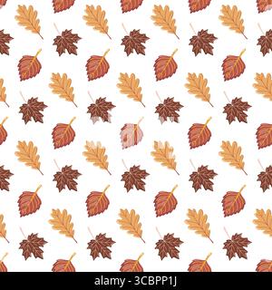 Motivo autunnale senza cuciture con foglie di quercia, acero e alberi autunnali. Colori caldi vettoriali su sfondo bianco. Illustrazione Vettoriale