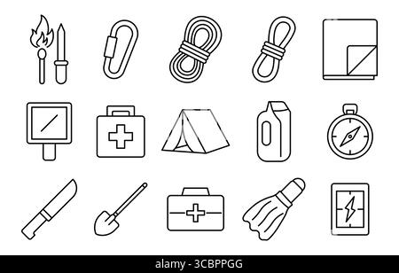 Una collezione di icone di equipaggiamento da campeggio, con attrezzi di sopravvivenza, kit di pronto soccorso e attrezzature per esterni. Perfetto per l'avventura e la pianificazione Illustrazione Vettoriale