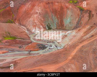 Vista aerea delle Montagne Arcobaleno dell'Islanda con Winding Stream Foto Stock