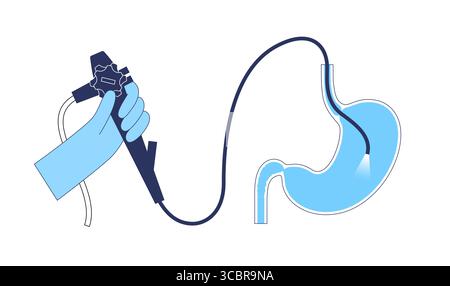 Illustrazione di una gastroscopia, nota anche come endoscopia superiore. Si tratta di una procedura in cui un endoscopio viene inserito attraverso la bocca per esaminare l'esofago, lo stomaco e il duodeno. Aiuta a diagnosticare e trattare condizioni come ulcere, infiammazione o tumori nel tratto digestivo superiore. Foto Stock