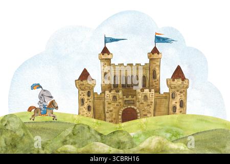 Castello medievale con bandiere sulle torri sulle colline, al galoppo cavaliere in armatura sullo sfondo. Illustrazione acquerello disegnata a mano, cartone animato. disegno per Foto Stock