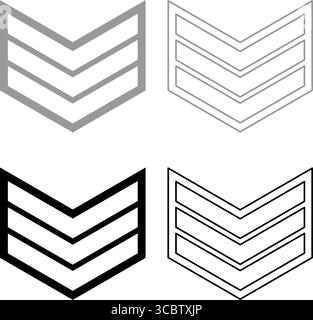 Stemma militare a chevron dell'esercito simbolo simbolo del sottufficiale Set icona grigio nero immagine vettoriale semplice contorno pieno Illustrazione Vettoriale