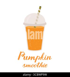 Bicchiere con frullato di zucca isolato su sfondo bianco. Illustrazione vettoriale della bevanda vegetale biologica. Illustrazione Vettoriale