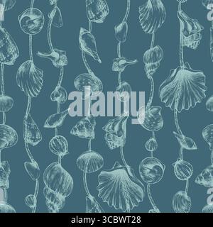 Fitte ghirlande marine verticali con conchiglie e perline su sfondo verde scuro, illustrazione a linee disegnata a mano, motivo senza cuciture per un'ispirazione costiera Illustrazione Vettoriale