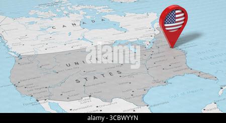 USA, Stati Uniti d'America, Washington - spilla con bandiera nazionale sulla mappa politica - illustrazione 3D. Foto Stock