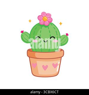 Cactus carino in una pentola con fiore e faccia sorridente Illustrazione Vettoriale