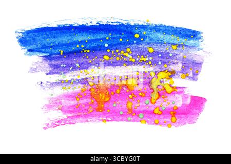 Pennellate blu e rosa con macchie gialle isolate su sfondo bianco. Tratti di vernice astratti disegnati a mano. Pennellate colorate ad acquerello Foto Stock