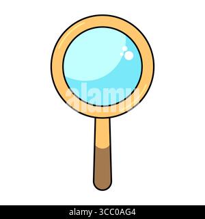 Illustrazione della lente di ingrandimento del cartone animato. Una lente d'ingrandimento con cornice giallo-oro, lente blu chiaro e manico in legno. Illustrazione Vettoriale