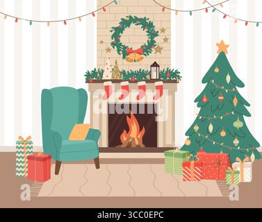 Accogliente soggiorno natalizio con caminetto, poltrona e decorazioni. Decorazioni per le vacanze invernali, albero di Natale, scatole regalo, ghirlanda, campane. Vettore piatto Illustrazione Vettoriale