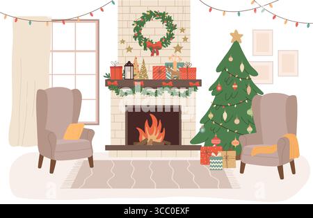 Accogliente soggiorno arredato per Natale e Capodanno. Interni per le vacanze invernali con albero di Natale, caminetto, poltrone, regali, ghirlanda. Vettore piatto Illustrazione Vettoriale