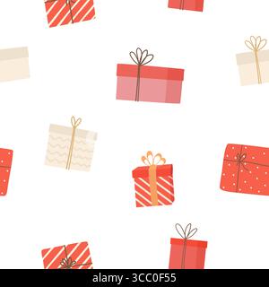 Motivo natalizio senza cuciture con confezioni regalo rosse. Presenta su sfondo bianco. Carta da imballaggio, tessuto, biglietti d'auguri. Illustrazione vettoriale Illustrazione Vettoriale