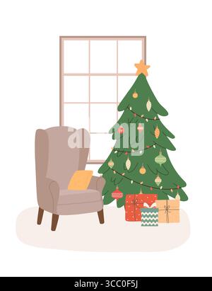 Accogliente soggiorno con albero di Natale e regali. Felice anno nuovo. Interni per le vacanze invernali con poltrona e regali. Illustrazione vettoriale piatta Illustrazione Vettoriale