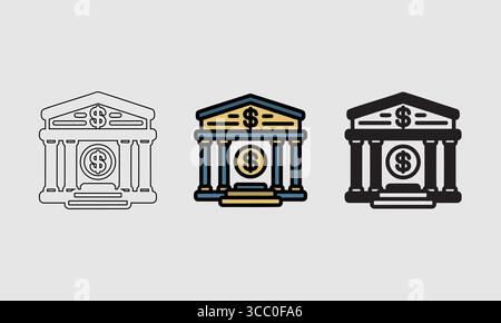 Illustrazioni delle istituzioni finanziarie: Edificio bancario con cartelli in dollari in vari stili Illustrazione Vettoriale