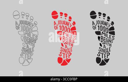 Text Inside Footprints: "Un viaggio di 1000 miglia inizia con un singolo passo" in più stili Illustrazione Vettoriale
