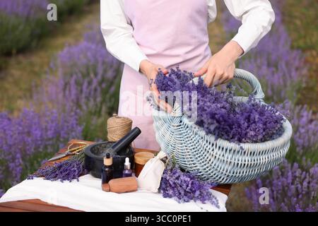 Fare cosmetici naturali. Donna con cesto in vimini di fiori di lavanda e altri ingredienti a tavola nel campo, primo piano Foto Stock