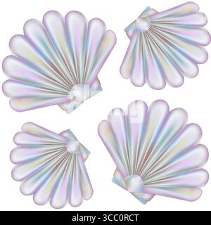 Motivo senza cuciture Scallop astratto 3D in stile Y2K. Scalpo shell tridimensionale su sfondo bianco. Modello retro olografico gradiente. Bolla 3D cromata art. Illustrazione Vettoriale