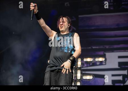 Derbyshire, Inghilterra, 9 agosto 2025. Fear Factory che suona il Ronnie James Dio Stage al Bloodstock Open Air 2025 nel Derbyshire. Crediti: Izzy Clayton/Alamy Live News Foto Stock