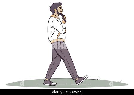 Vista laterale del giovane uomo che cammina e pensa, illustrazione casual outfit Illustrazione Vettoriale