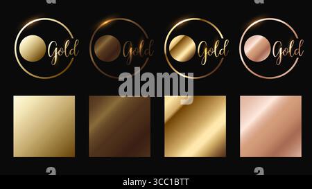 Set di campioni con finitura in lamina oro, bronzo e oro rosa. Modello di sfumatura Vector Golden elegante, lucido e metallizzato per design bordi e cornice Illustrazione Vettoriale