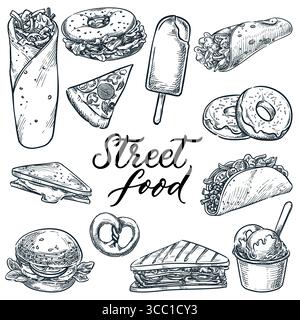 Assortimento di spuntini di Street food. Illustrazione di uno schizzo vettoriale disegnato a mano del fast food. Elementi di design per caffè bistrot bar o menu foodtruck, festival pos Illustrazione Vettoriale