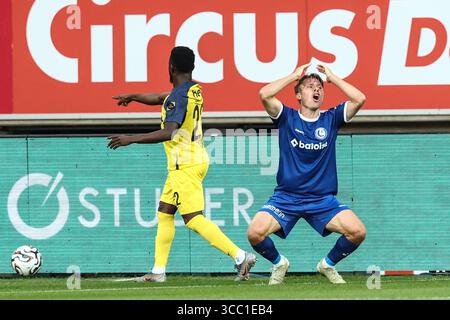 Gent, Belgio. 09 agosto 2025. Matisse Samoise di Gent reagisce durante una partita di calcio tra KAA Gent e Royale Union Saint-Gilloise, sabato 09 agosto 2025 a Gent, il giorno 3 della "Jupiler Pro League" 2025-2026 prima divisione del campionato belga. BELGA PHOTO BRUNO FAHY credito: Belga News Agency/Alamy Live News Foto Stock