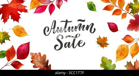 Sfondo orizzontale vettoriale con quercia autunnale, acero, foglie di frassino e scritte autunnali. Illustrazione dell'acquerello vettoriale. Elementi di design per la stagione Illustrazione Vettoriale