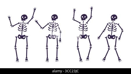 Set di scheletri di halloween a cartoni animati. Personaggi divertenti e inquietanti con teschio e ossa che ballano immagini vettoriali. Perfetto per banner, poster, saluti c Illustrazione Vettoriale