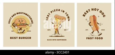 Set di poster dei personaggi del cartone animato retro divertenti fast food. Hamburger vintage di Street food, pizza e mascotte hot dog, illustrazione vettoriale per la caffetteria. Nostal Illustrazione Vettoriale