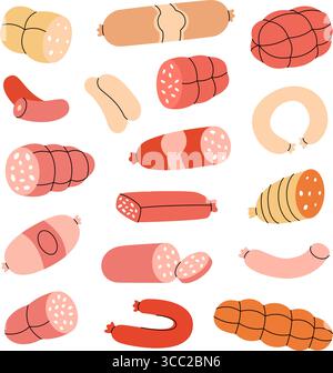 Salsicce fresche. Salsicce. Modello di menu per macelleria per il mercato alimentare, l'e-commerce, la promozione dei prodotti. Illustrazione vettoriale. Illustrazione Vettoriale