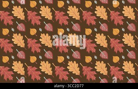 Motivo autunnale senza cuciture con foglie autunnali di quercia, acero e tiglio. Fogliame vettoriale su sfondo marrone scuro Illustrazione Vettoriale