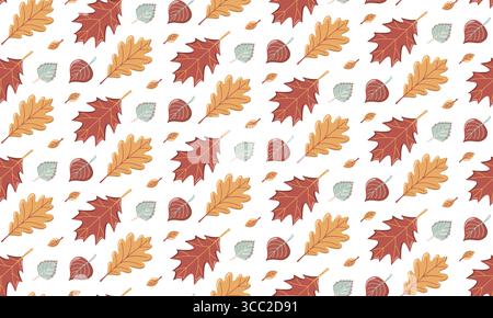 Foglie autunnali senza cuciture con foglie di quercia rossa e arancia e betulla su sfondo bianco. Sfondo fogliame vettoriale autunnale. Illustrazione Vettoriale