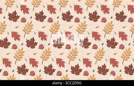 Motivo autunnale senza cuciture con acero, foglie di quercia e rami di rowan. Fogliame vettoriale su sfondo beige Illustrazione Vettoriale