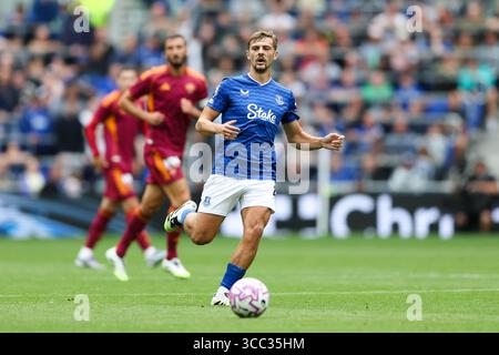 Liverpool, Regno Unito. 9 agosto 2025. Kieran Dewsbury-Hall of Everton durante la partita amichevole tra Everton e AS Roma Pre Season all'Hill Dickinson Stadium di Liverpool. Il credito per immagini dovrebbe essere: Jessica Hornby/Sportimage Credit: Sportimage Ltd/Alamy Live News Foto Stock