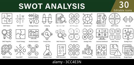 Set di icone di analisi SWOT in stile linea con vettore modificabile per pianificazione strategica, valutazione aziendale e valutazione del mercato Illustrazione Vettoriale