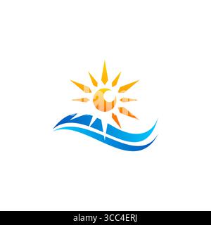logo delle onde del sole, icona del logo del tramonto delle onde del mare, luce del sole elementi dell'oceano estivo design vettoriale del logo della natura Illustrazione Vettoriale