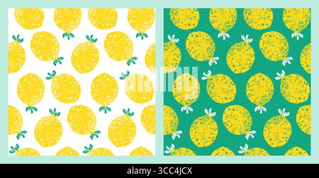 Un vivace motivo senza cuciture con limoni gialli con dettagli testurizzati e gambi verdi, perfetto per l'estate, il cibo o i design a tema agrumi. Illustrazione Vettoriale