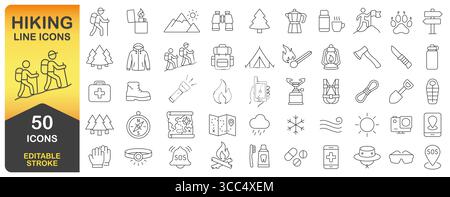 Set di icone della linea escursionistica e campeggio con 50 disegni di tratti modificabili. Icone delle linee sottili. Include equipaggiamento da esterno, simboli naturali e Adventure Essential Illustrazione Vettoriale