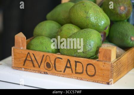 Avocado freschi in cassa di legno al mercato Foto Stock