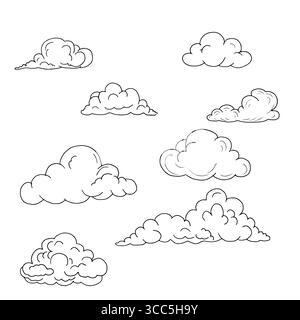 Soffici nuvole di forme diverse, schizzi in bianco e nero. Illustrazione vettoriale. Il concetto di fenomeni naturali, nuvole, tempo, isolato su un bianco Illustrazione Vettoriale