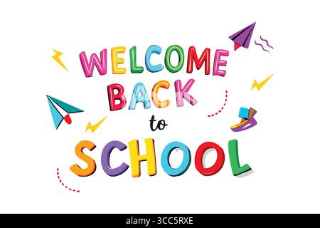 "Testo di benvenuto colorato Back to School con divertenti illustrazioni" Illustrazione Vettoriale