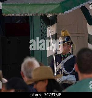 Guardia colorata che tiene la spada in piedi in una baracca di guardia all'esterno del Museu da Guarda Nacional Republicana / Museu da GNR, largo do Carmo, Santa Maria Maior, Lisb Foto Stock