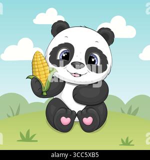 Carino cartone animato Panda con un mais nella natura. Illustrazione vettoriale autunnale di un animale su sfondo verde. Illustrazione Vettoriale