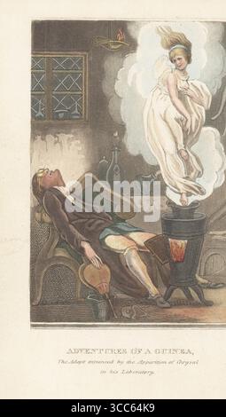 Alchimista svenimento prima della comparsa dello Spirito d'Oro. Un uomo con mantici giace su una sedia davanti a una figura di una donna che emerge da una stufa. Attrezzature, matracci e bottiglie giacciono intorno all'appartamento. The Adept trincerato dall'apparizione di Chrysal nel suo laboratorio. Incisione in rame colorata a mano di William Maddocks dopo le illustrazioni di Edward Francis Burney, William Read e Mawson da Chrysal, o le avventure di una Guinea, di An Adept [Charles Johnston], Samuel Richards, Londra, 1822. Foto Stock