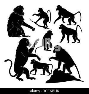 Sagome di scimmie in varie pose raffiguranti la natura e la fauna selvatica Illustrazione Vettoriale