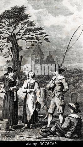 Un'illustrazione storica di quattro figure in abbigliamento moderno antico riunite sotto un albero. Uno sta con una canna da pesca, l'altro tiene un cesto, mentre un terzo gesta con un cappello. Il quarto si trova a terra, rilassato. Sullo sfondo, un edificio torreto sorge oltre il fogliame. La scena suggerisce svago, cameratismo e riflessione pastorale. Da una selezione di incisioni stampate in rame e legno pubblicate da Henry Kent Causton nel 1851 come parte del libro di Izaak Walton e Charles Cotton, The Compleat Angler. Foto Stock