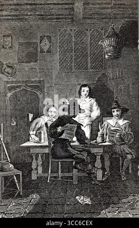 Questa incisione, intitolata The Angler's Song, raffigura una scena interna rustica in cui tre uomini si riuniscono intorno a un tavolo. Uno, seduto centralmente, sembra cantare o recitare, bocca aperta, mano sollevata, mentre gli altri ascoltano con calma. Una scopa si appoggia contro il muro, un cesto pende al soffitto e l'attrezzatura da pesca è sottilmente implicita. Il pavimento piastrellato e gli arredi scarsi evocano umili atmosfere domestiche. Da una selezione di incisioni stampate in rame e legno pubblicate da Henry Kent Causton nel 1851 come parte del libro di Izaak Walton e Charles Cotton, The Compleat Angler. Foto Stock