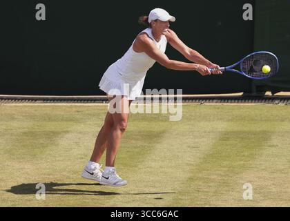 Madison Keys (USA), tennista statunitense in azione ai campionati di Wimbledon 2025, Londra, Inghilterra, Regno Unito Foto Stock