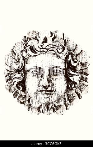 Immagine seppia grafica di intaglio in legno del volto o mitologico Green Man Foto Stock
