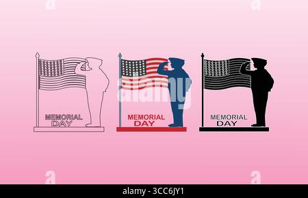Soldato che saluta American Flag per il Memorial Day in Three Styles Illustrazione Vettoriale
